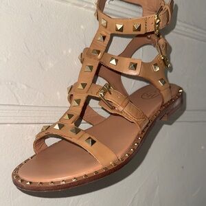 Ash Tan Leather Studded Gladiator Sandals with Gold Hardware